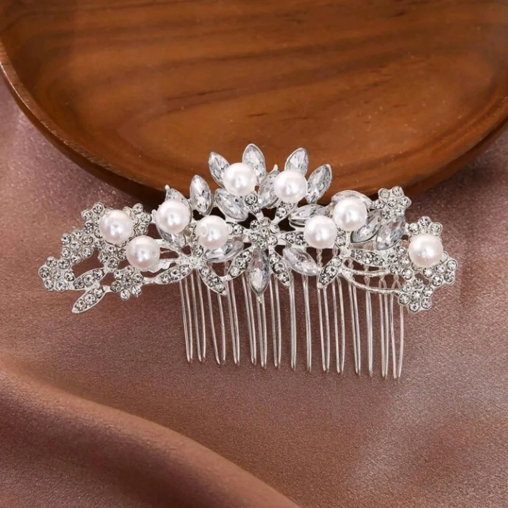 Wedding Hair Comb Silver and White Floral Rhinestone Faux Pearl Bridal Hair Comb
